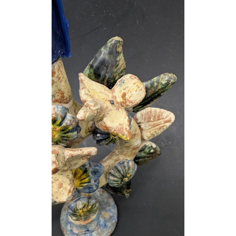 Mexican Antique Tree Of Life 7" Candelabra Flowers Doves Terra Cotta Blue Green - Picture 5 of 9